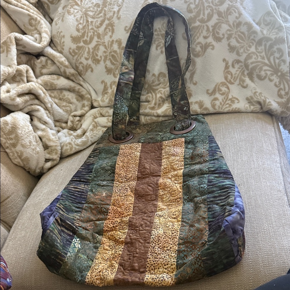 Quilted Patchwork Shoulder Tote in Green, Brown & Gold